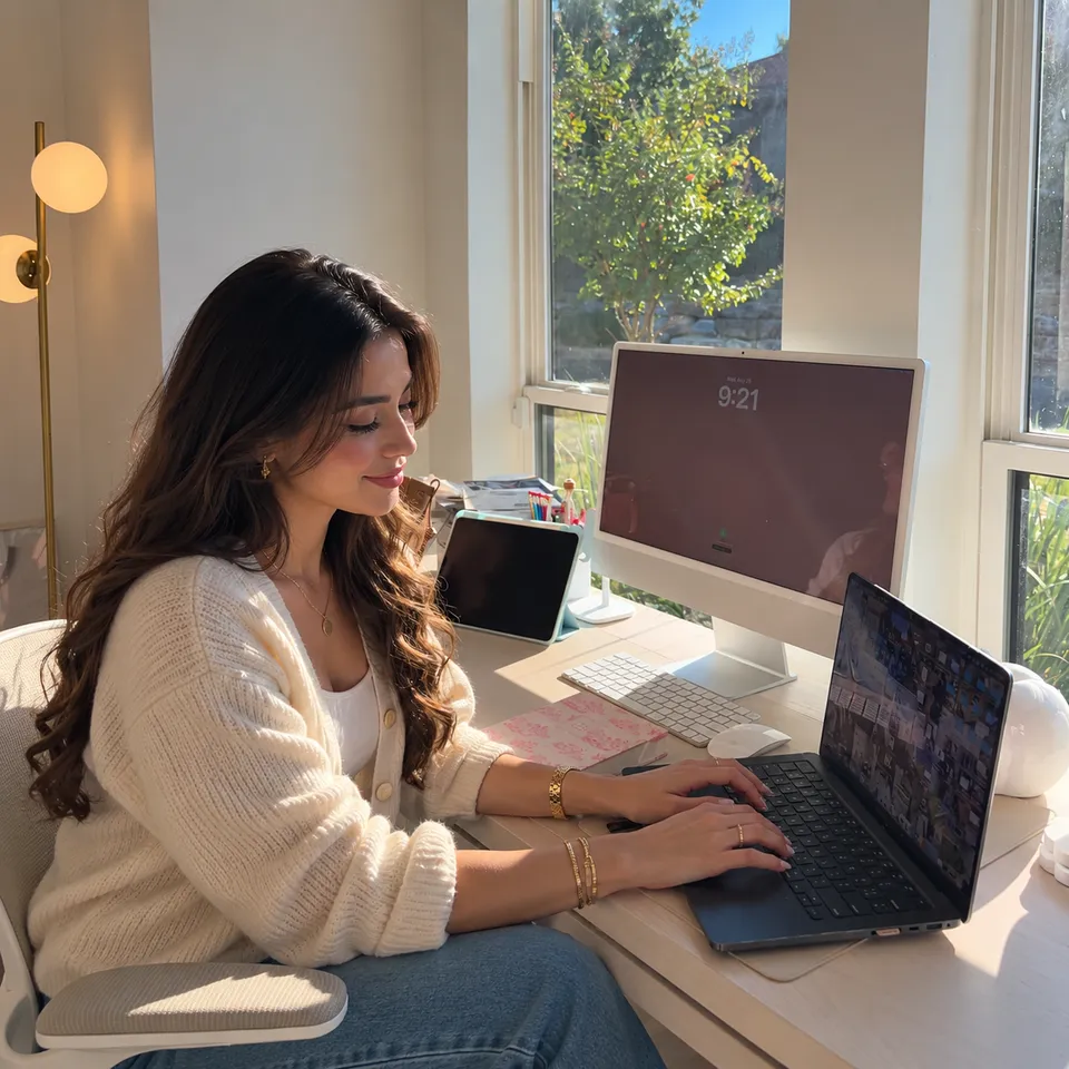 Mariana sonriendo mientras trabaja en su escritorio